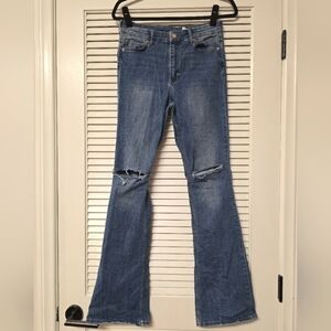 H&M - Blue Distressed Mini Flare High Waist Jeans With Pockets